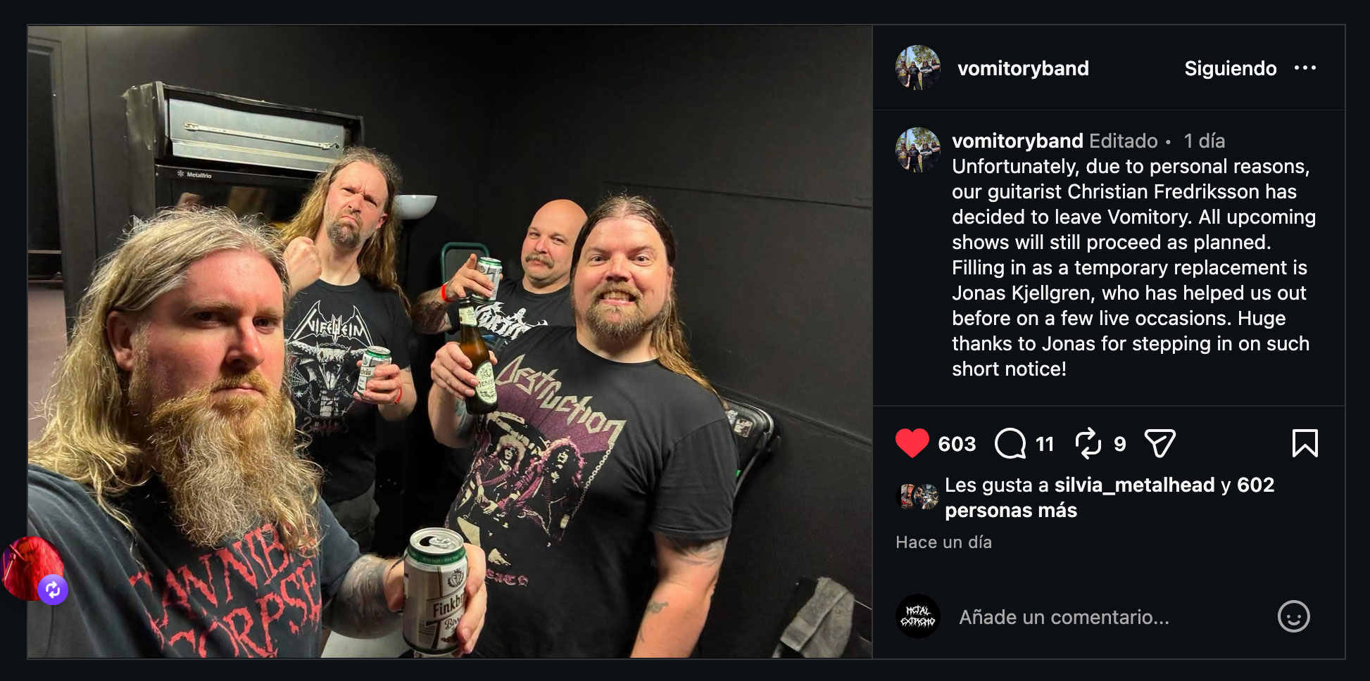 Detalle del post en Instagram que dejó ayer la banda donde nos comunican la noticia: